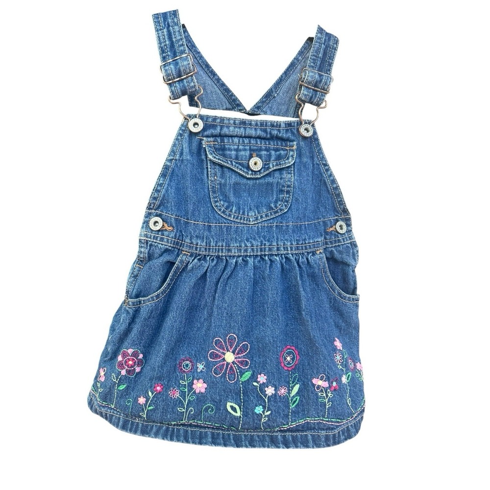 Vintage‎ OshKosh Denim Dress Floral Embroidered Flowers 24 Months Y2K Baby Girl